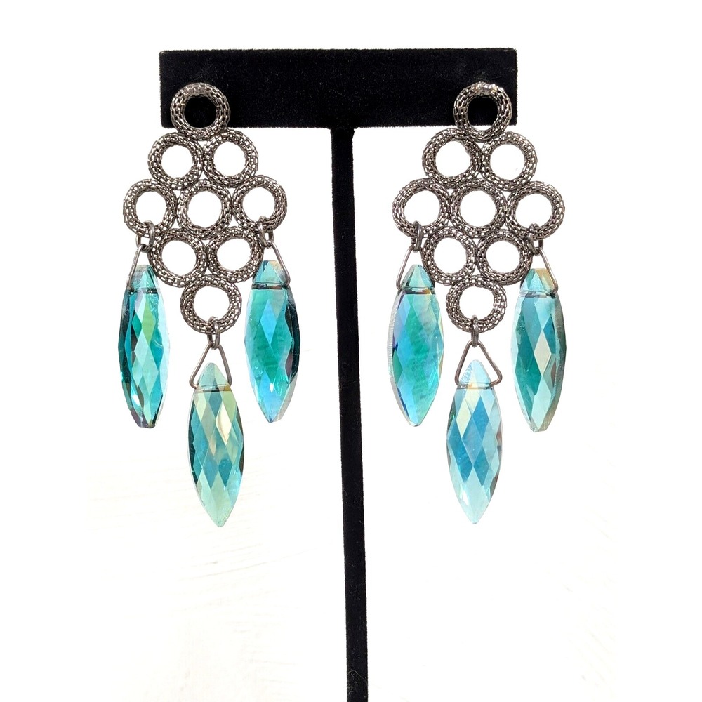 Gunmetal Mesh Chain Chandelier Earrings Green AB Crystal Dangle